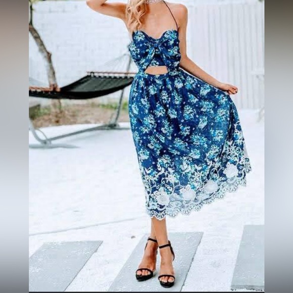 Boho Navy Blue Floral Front Knot Twist Dress| Here come the Sun Sz 8 - Picture 2 of 16